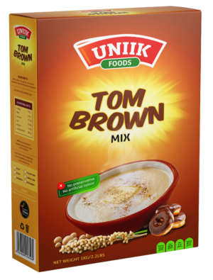 Experience the goodness of a truly nutritious Ghanaian breakfast, made effortlessly at home. Uniik Foods Tom Brown Mix brings you Ghana's beloved roasted grain porridge — crafted from a wholesome blend of millet, yellow corn, sorghum, groundnut, and soy beans, naturally processed with no preservatives and no artificial colours, and milled to a smooth, hearty consistency that makes every bowl satisfying and full of flavour.